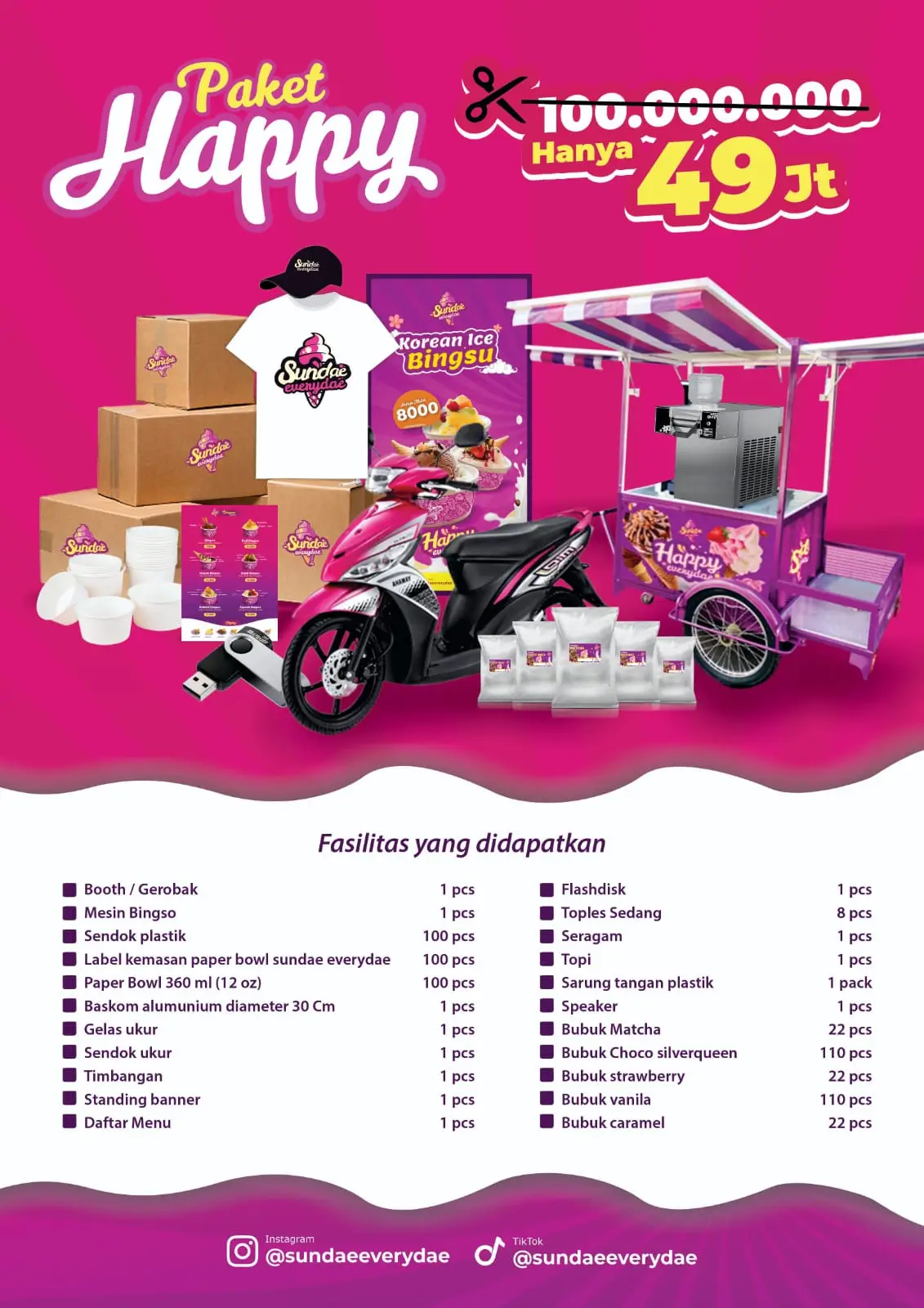 Paket usaha es krim Happy gerobak motor Sundae Everydae